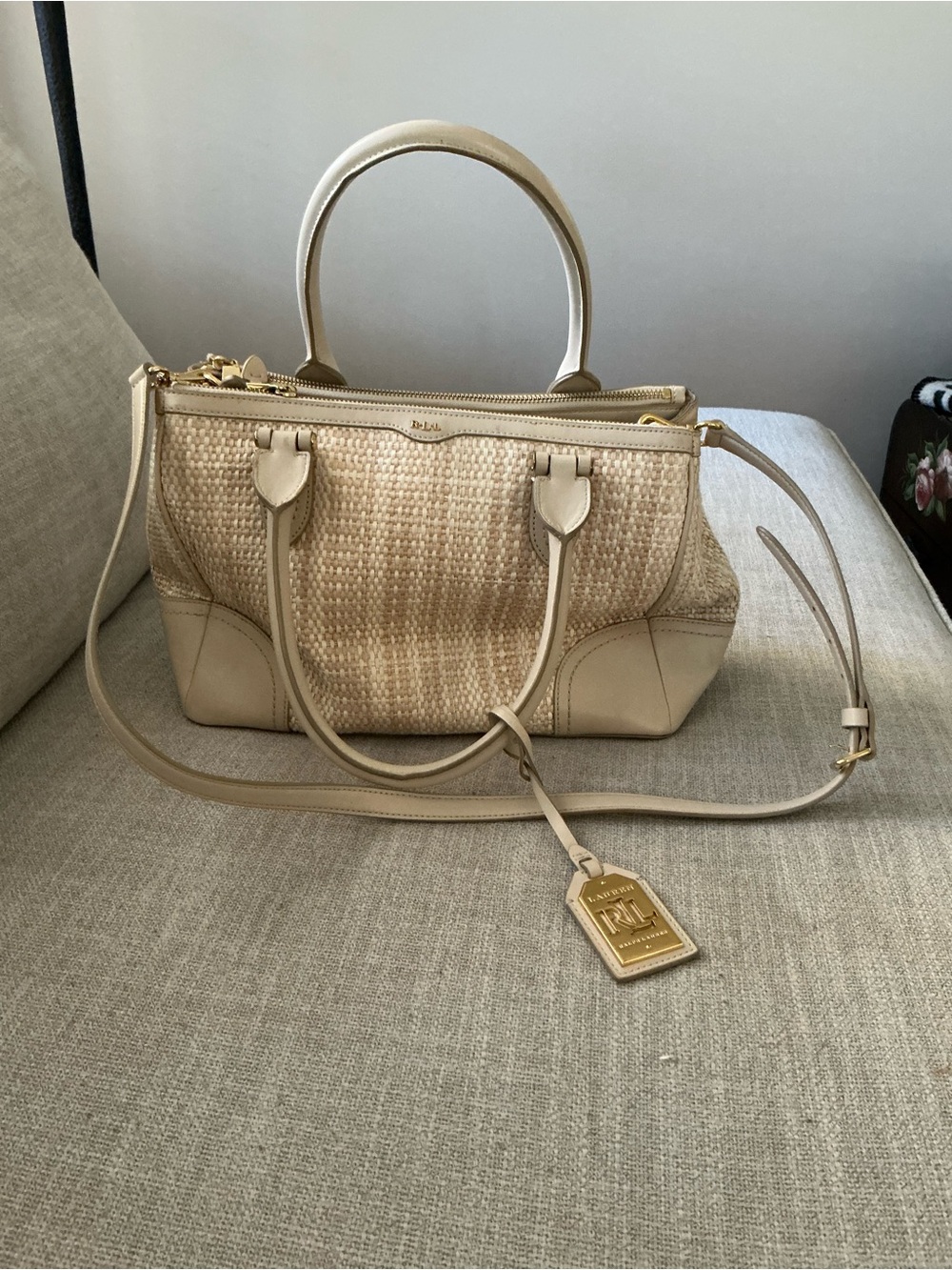 Ralph Lauren Newberry Woven purse with Leather Trim and gold accents
